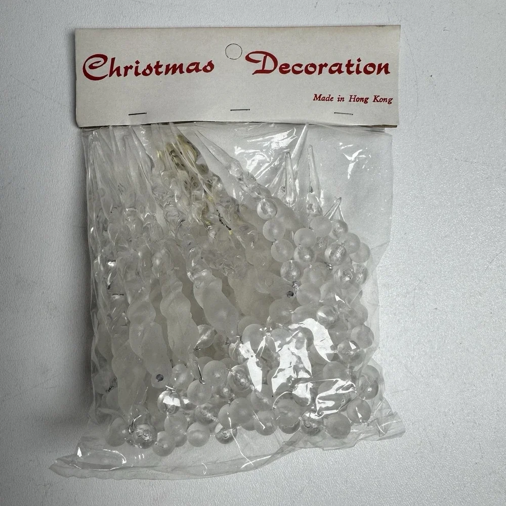 2 Vintage Beaded Icicle Garland Strands 7' Christmas Trim Frosted Clear Plastic